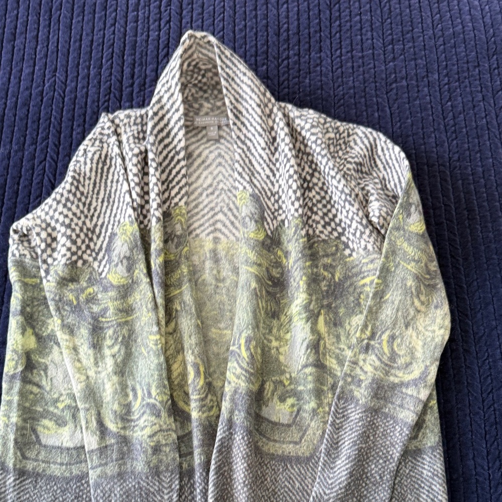 Neiman Marcus Gray, Cream and Green Cashmere Open Front Cardigan